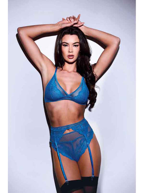 BACI 3PC LACE & MESH BRA, GARTER & PANTY SET BLUE